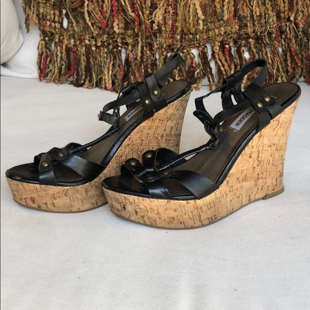 Steve Madden Black Leather Cork Platform Wedges